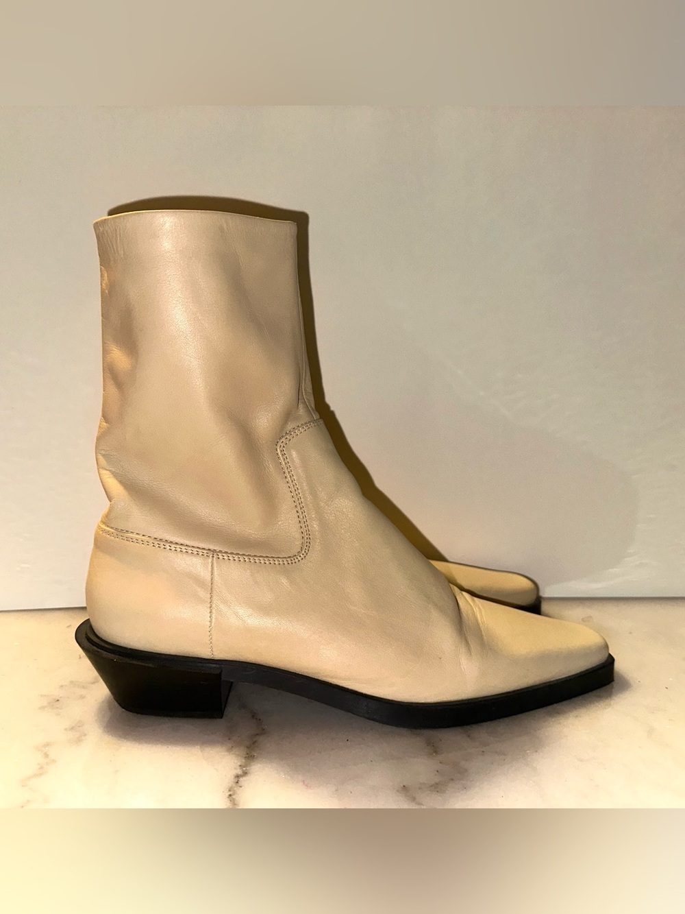 Zara Cream Leather Pointed Toe Ankle Boots